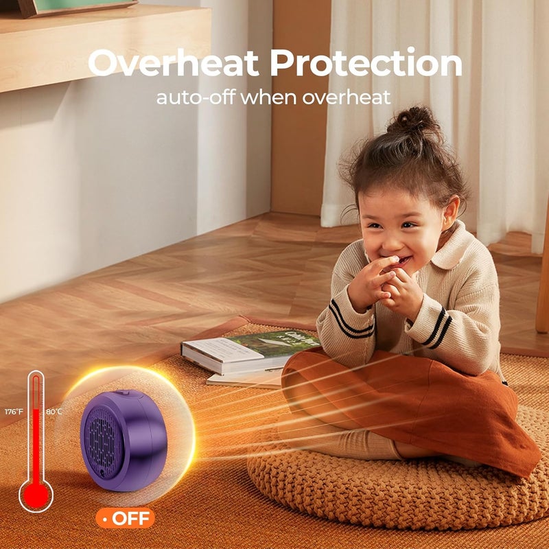 ASNUG Space Heater, Portable Electric PTC Ceramic Heaters for Indoor Use, 2S Efficient Heating, Tip-Over & Overheat Protection, Quiet Small Mini Desk Heater for Bathroom Home Office Bedroom - Image 5